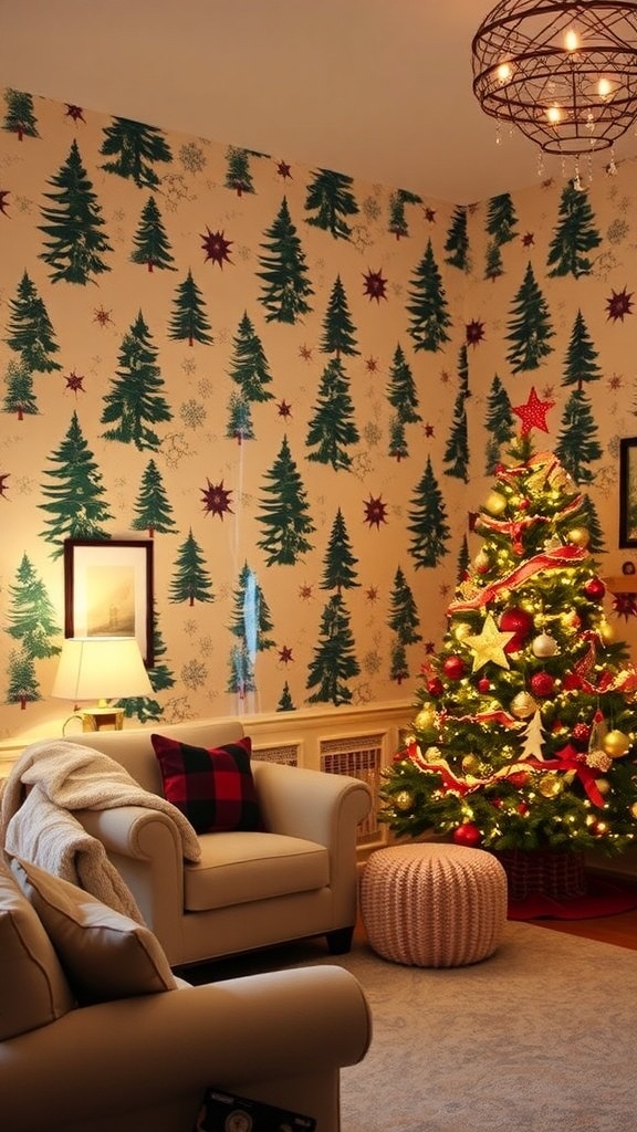 A living room with Yule wallpaper of evergreen trees and snowflakes, decorated for Christmas.